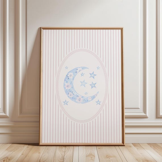 Physical Print Floral Moon Nursery Art Decor Wall Hanging Stars And Pink Arte Artful