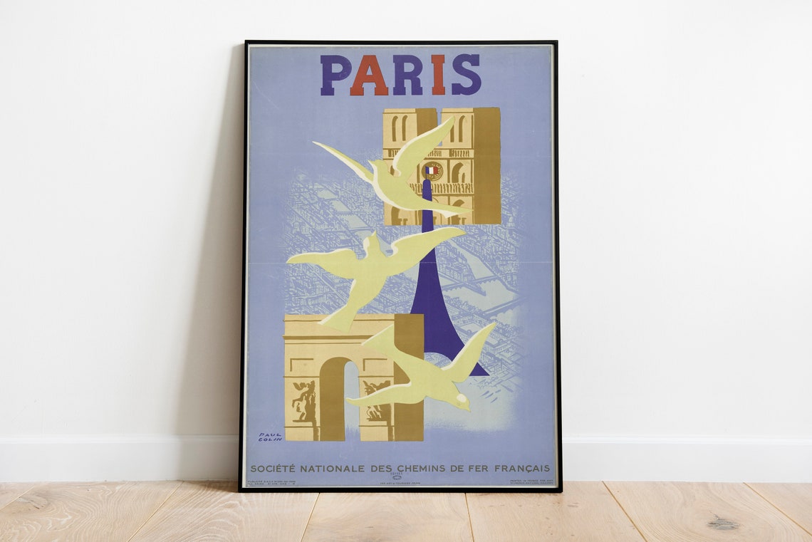 Paul Colin Paris SNCF Vintage French Railway Poster Doves Eiffel Tower - Image 2