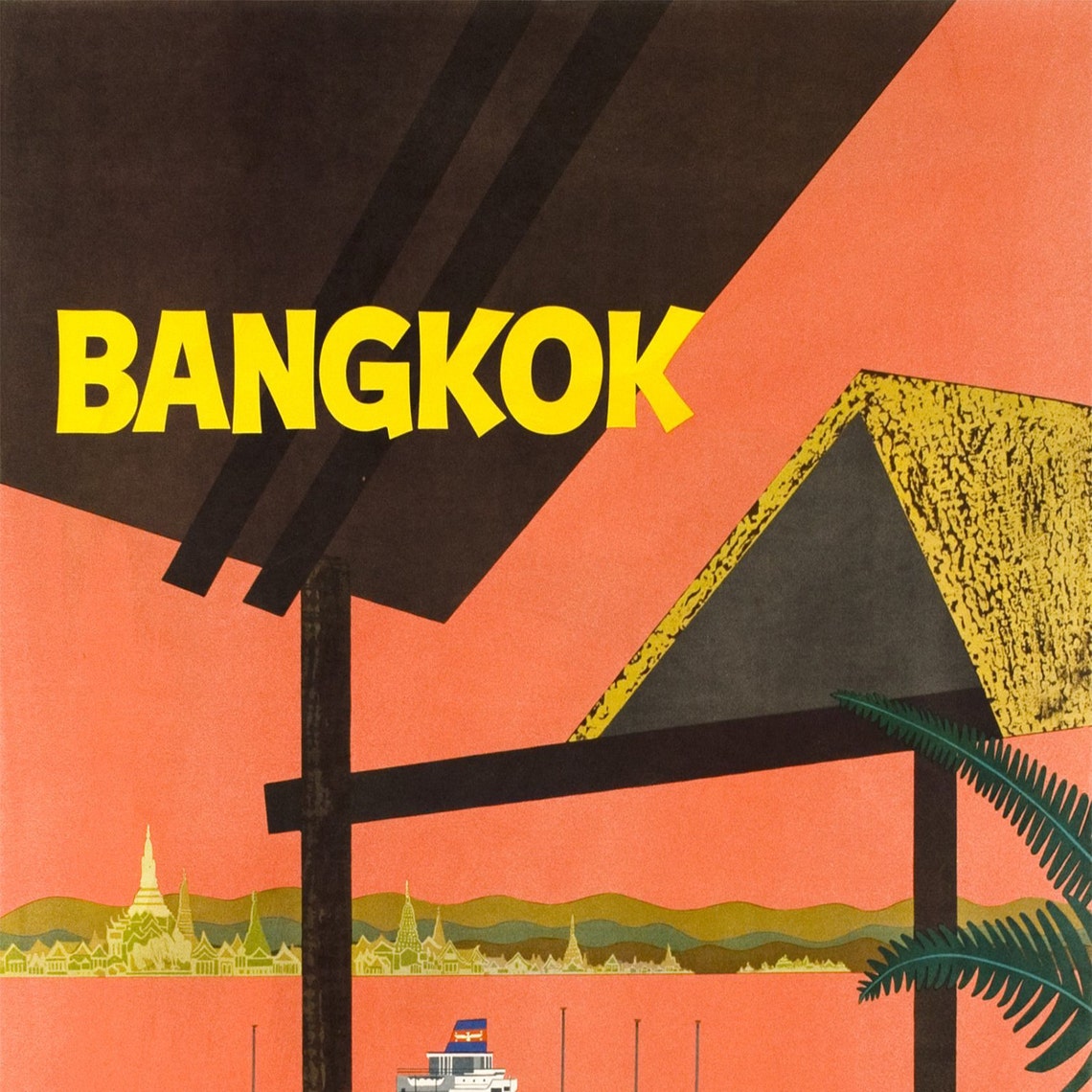 Bangkok Thailand Mid Century Modern Orange Harbor Travel Poster - Image 2
