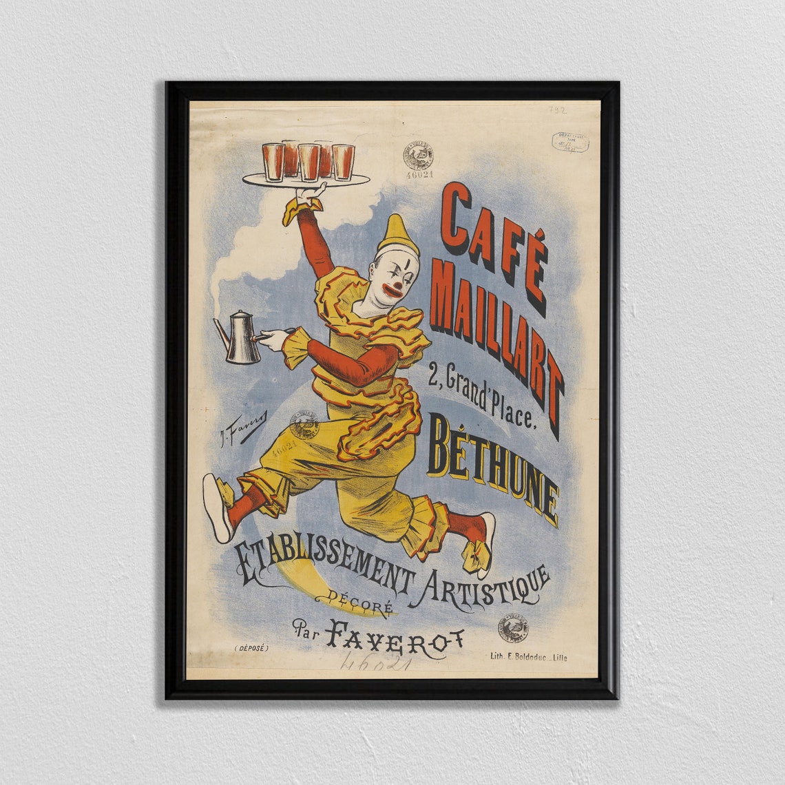 Cafe Maillart Bethune Vintage French Pierrot Clown Coffee Ad Poster