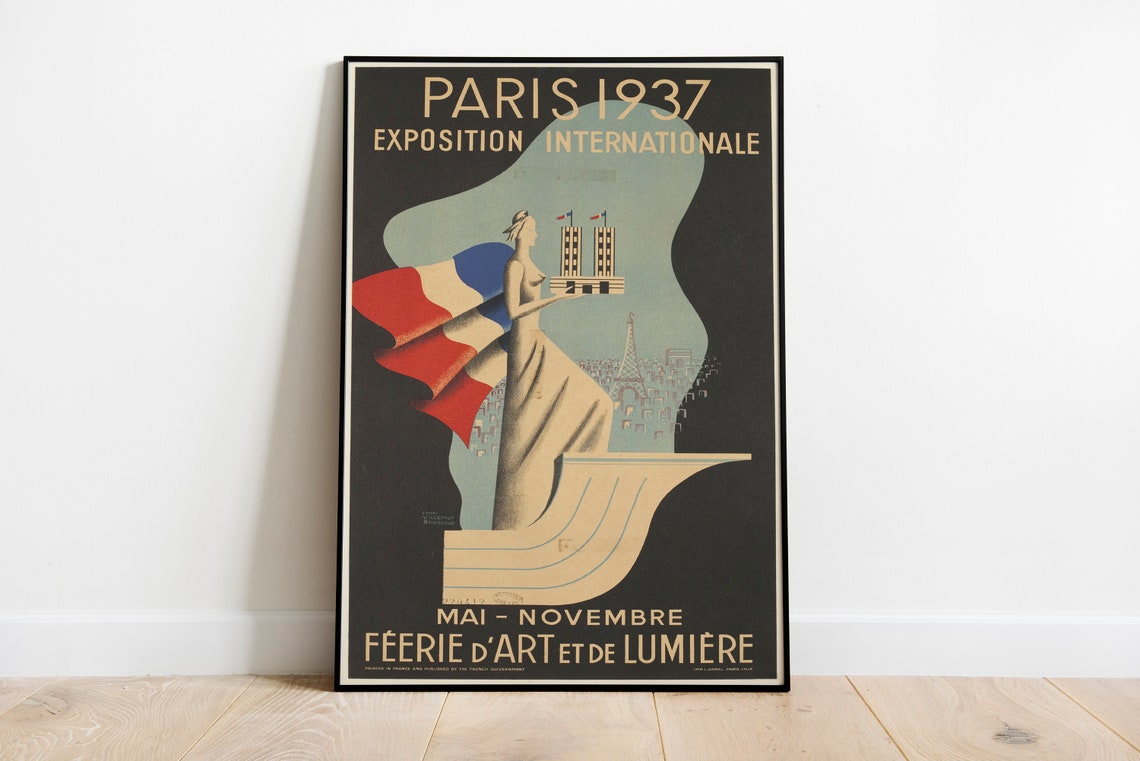 Paris 1937 Exposition Internationale Art Deco Poster Eiffel Tower Flag - Image 2
