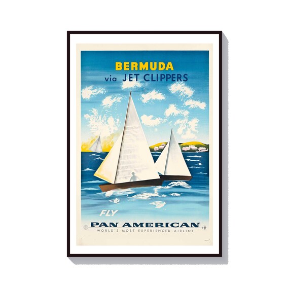 Bermuda via Jet Clippers Pan American Sailboat Airline Travel Poster