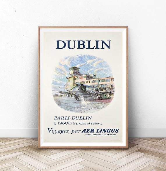 Aer Lingus Dublin Paris Vintage Irish Airlines Travel Poster