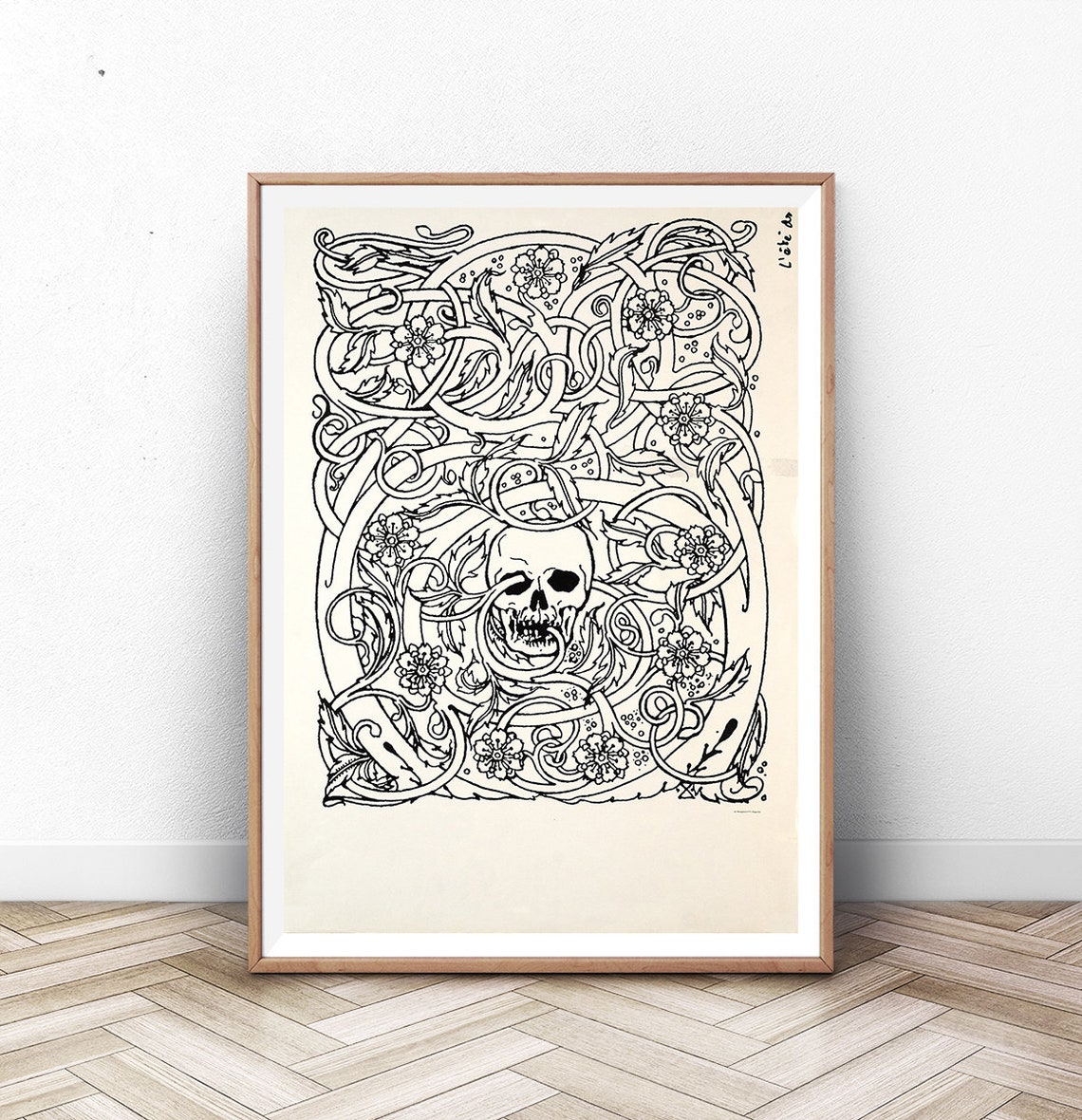 Art Nouveau Skull Floral Line Art Goth Botanical Illustration Poster