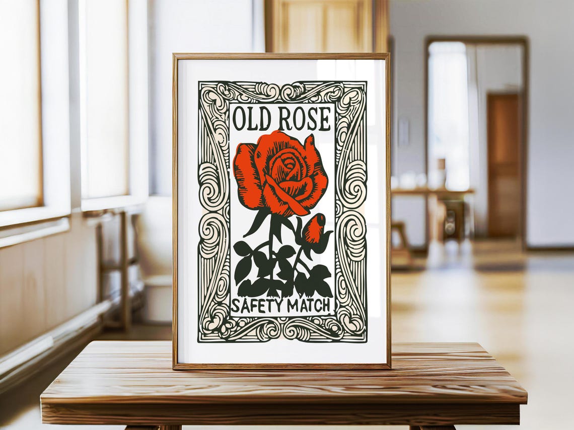 Old Rose Safety Match Vintage Matchbox Botanical Rose Poster - Image 2