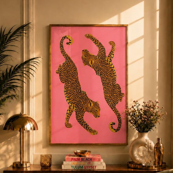 Pink Leopard Wall Art Funky Animal Print Double Poster Eclectic Decor Bar Cart Trendy