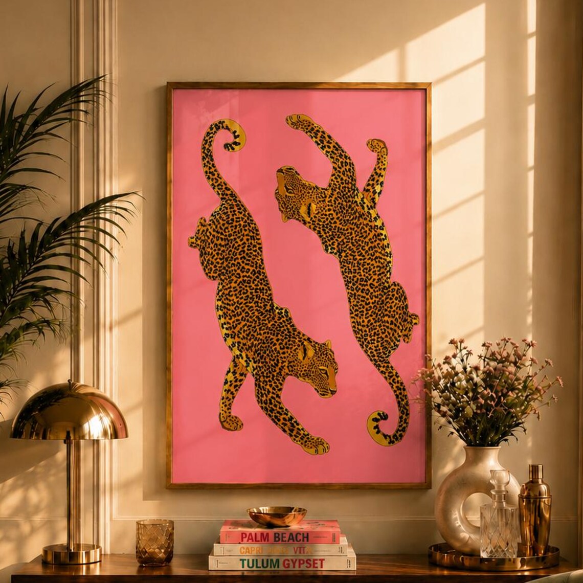 Pink Leopard Wall Art Funky Animal Print Double Poster Eclectic Decor Bar Cart Trendy