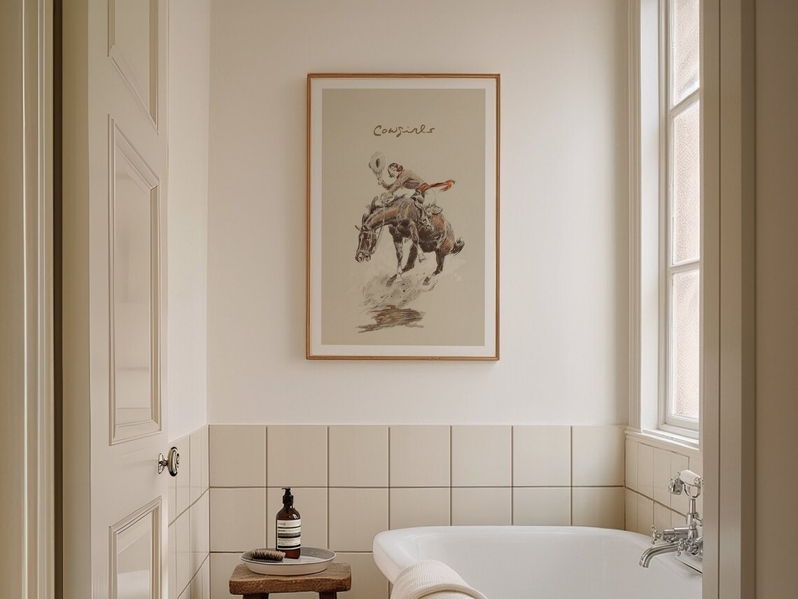 Vintage Bathroom Cowgirl Art Print, Western Decor
