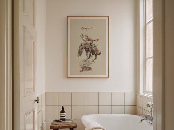 Vintage Bathroom Cowgirl Art Print, Western Decor