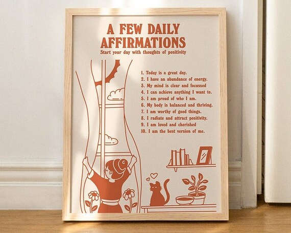 Affirmations Wall Print Positive Affirmations Poster Trendy 70s Print A3 A4 A2 Retro Wall Decor Aesthetic Poster Orange Unframed