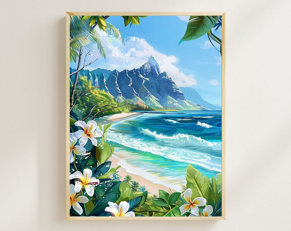 Kauai Beach Watercolor Gicle Print, Hawaii Coastal Art