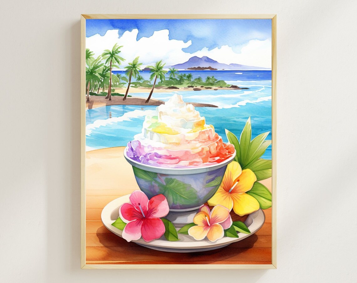 Hawaiian Shave Ice Watercolor Art Print, Tropical Wall Art