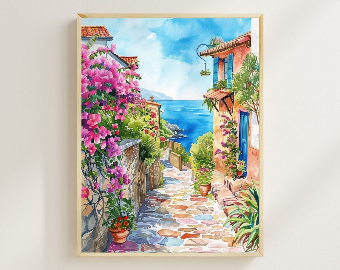 Mediterranean Alleyway Watercolor Travel Poster