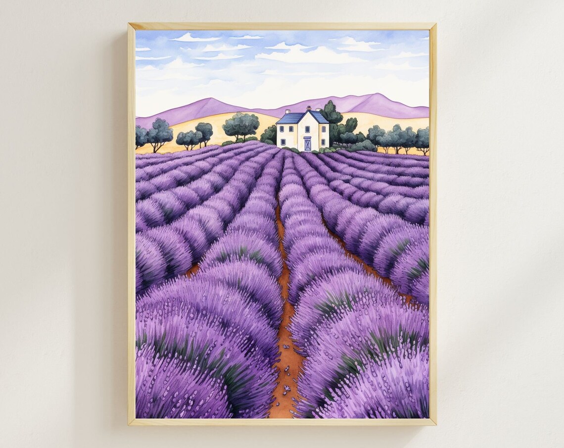 Provence Lavender Field Watercolor Farmhouse France Art Poster