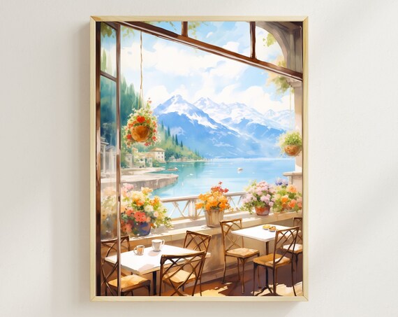 Swiss Cafe Watercolor Art Print, Europe Travel Poster