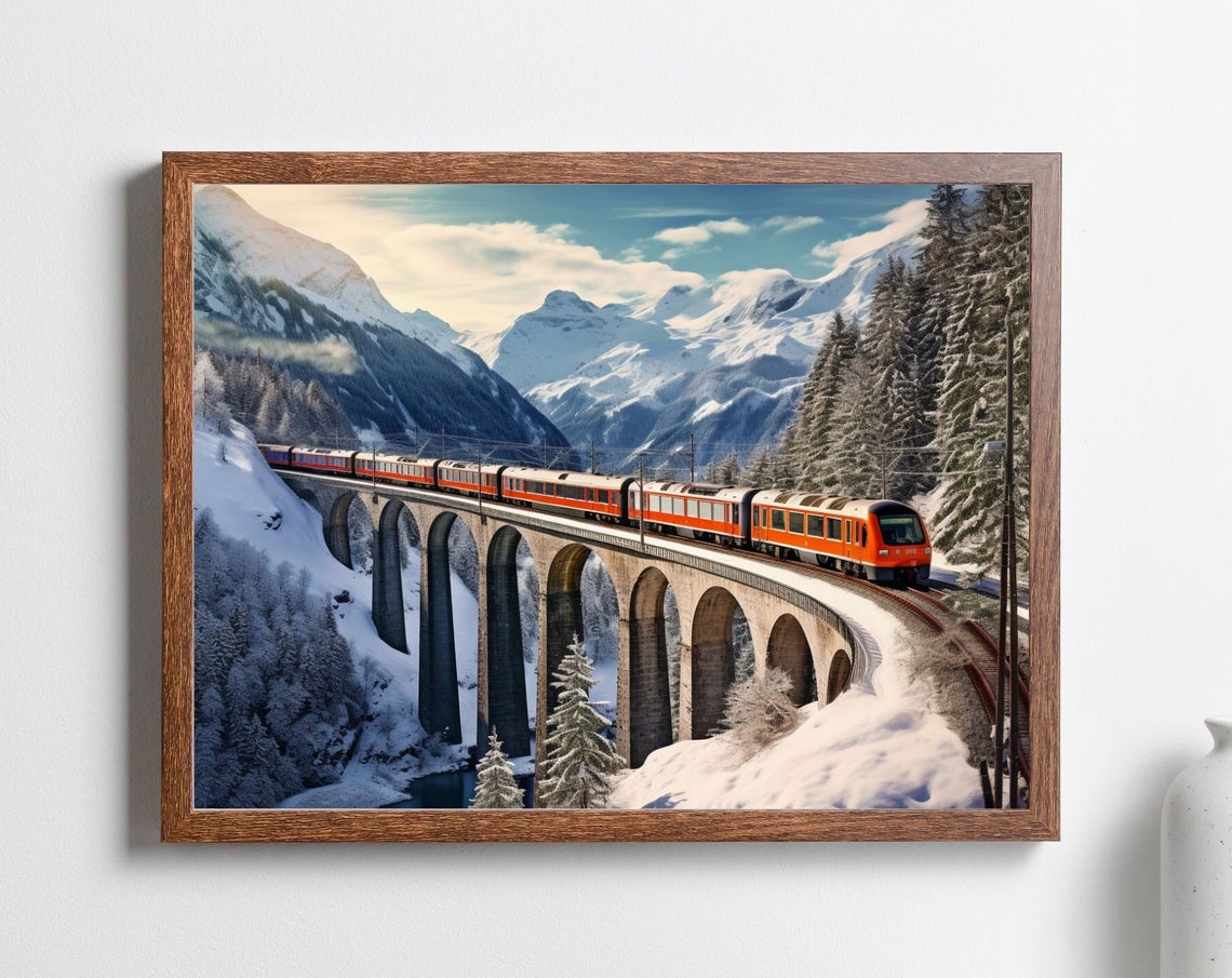 Landwasser Viaduct Red Train Snowy Swiss Alps Railway Poster