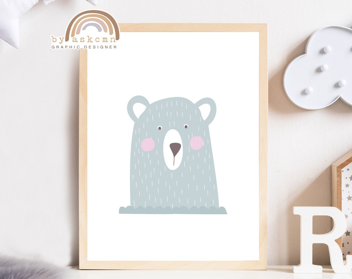 Gray Bear Face With Pink Cheeks Minimalist Nursery Animal Poster