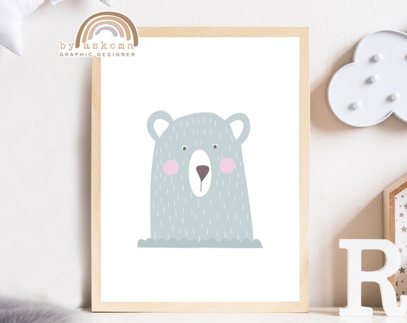 Gray Bear Face With Pink Cheeks Minimalist Nursery Animal Poster