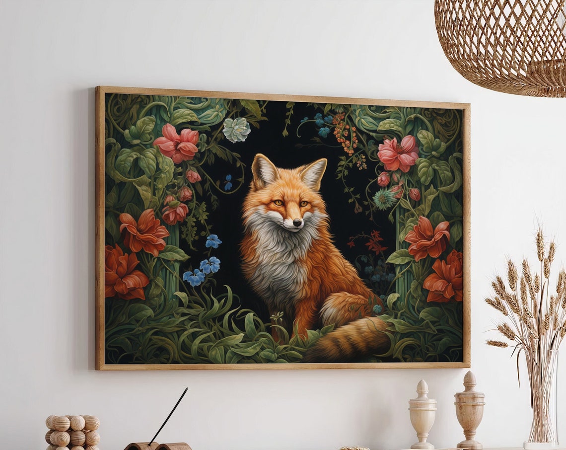 Red Fox Sitting in Lush Floral Arch Dark Botanical Garden Poster