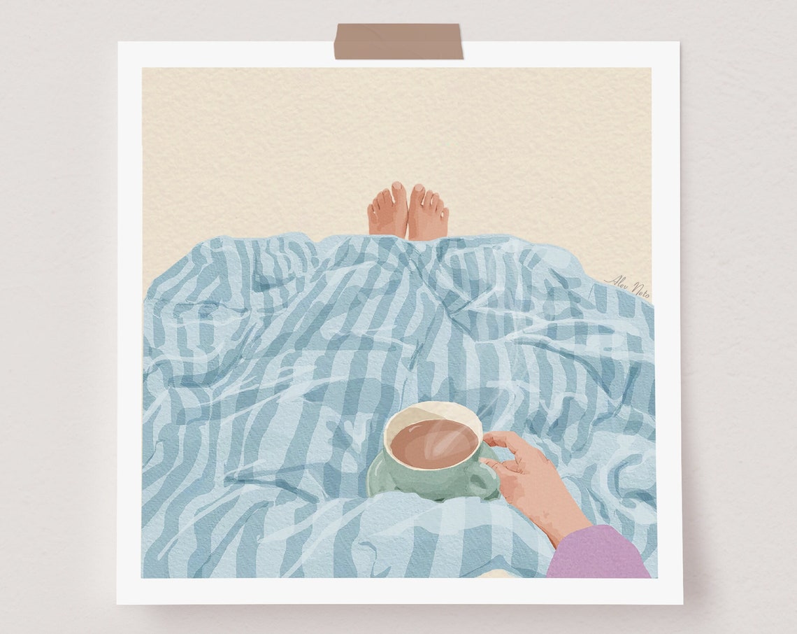 Coffee In Bed Art Print Watercolor Wall Art Slow Morning Coffee Gift Lazy Morning