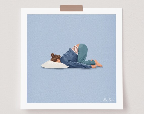 Funny Bedroom Art Illustration Blue Watercolor Print Stay In Bed Wall Art Lazy Day Too Tired To Get Out Of Bed Sleepy Art Illustration