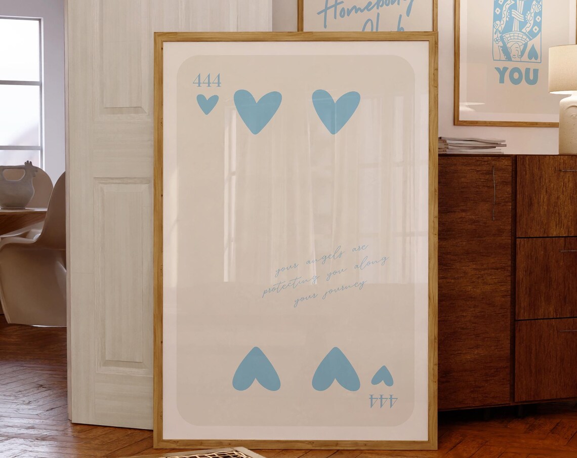Angel Number 444 Sky Blue Hearts Playing Card Calm Aura Poster