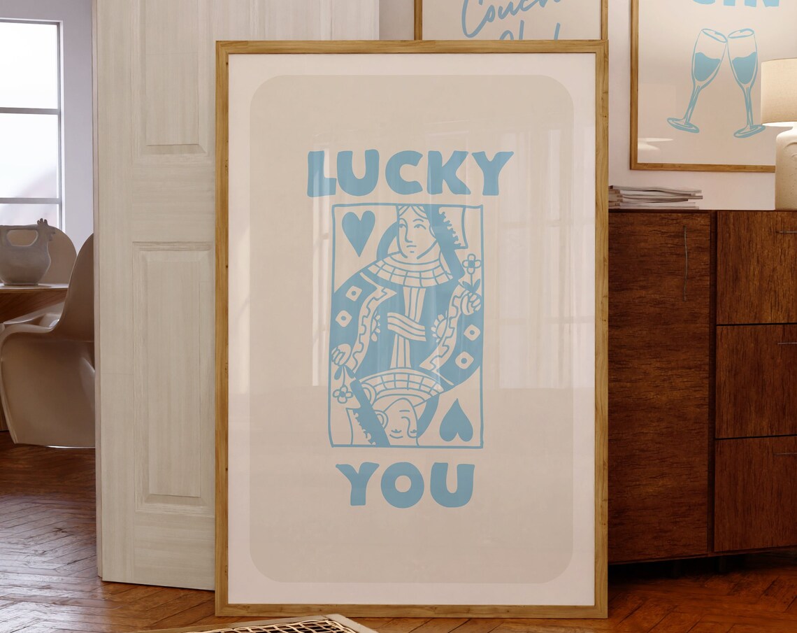 Lucky You Blue Queen Of Hearts Retro Playing Card Decor Poster
