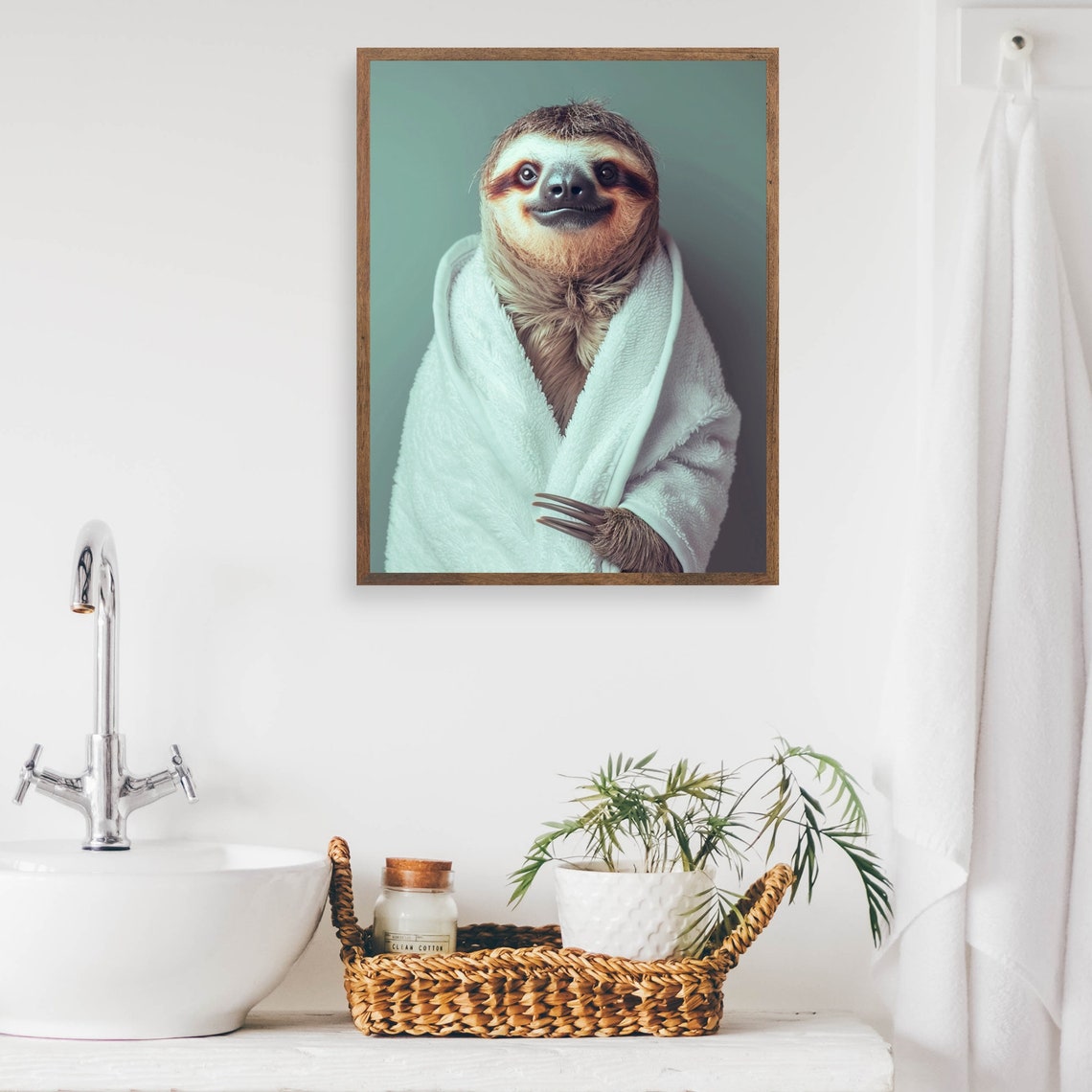 Smiling Sloth Wrapped In A White Bathrobe Quirky Bathroom Poster - Image 2