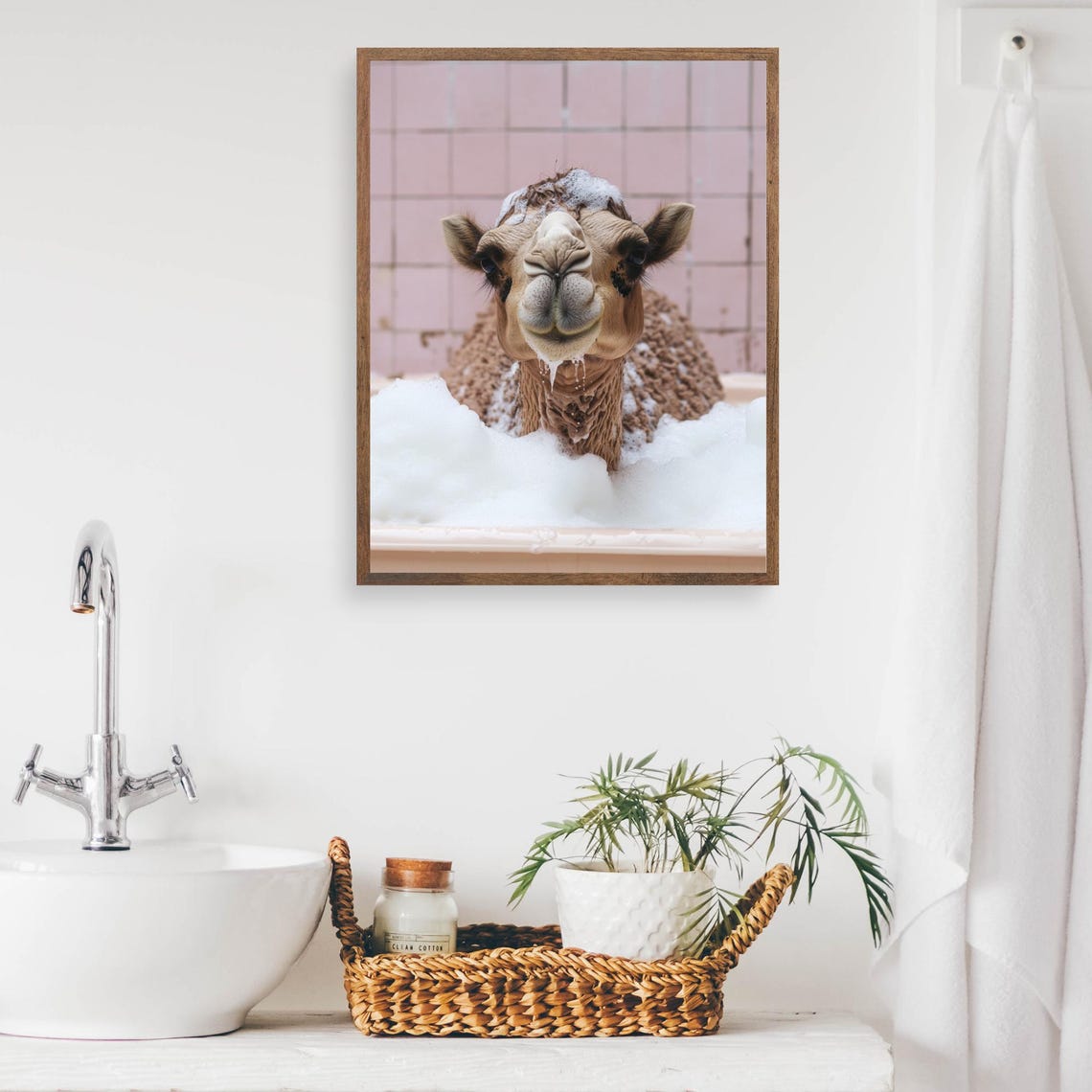 Camel in a Bubble Bath with Pink Tiles Funny Animal Bathroom Poster - Image 2