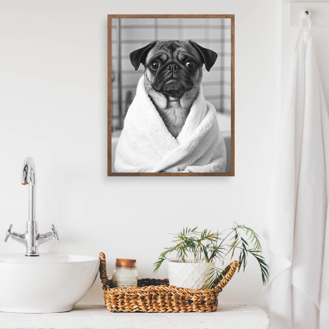 Pug Wrapped in White Towel Black and White Funny Bathroom Poster - Image 2
