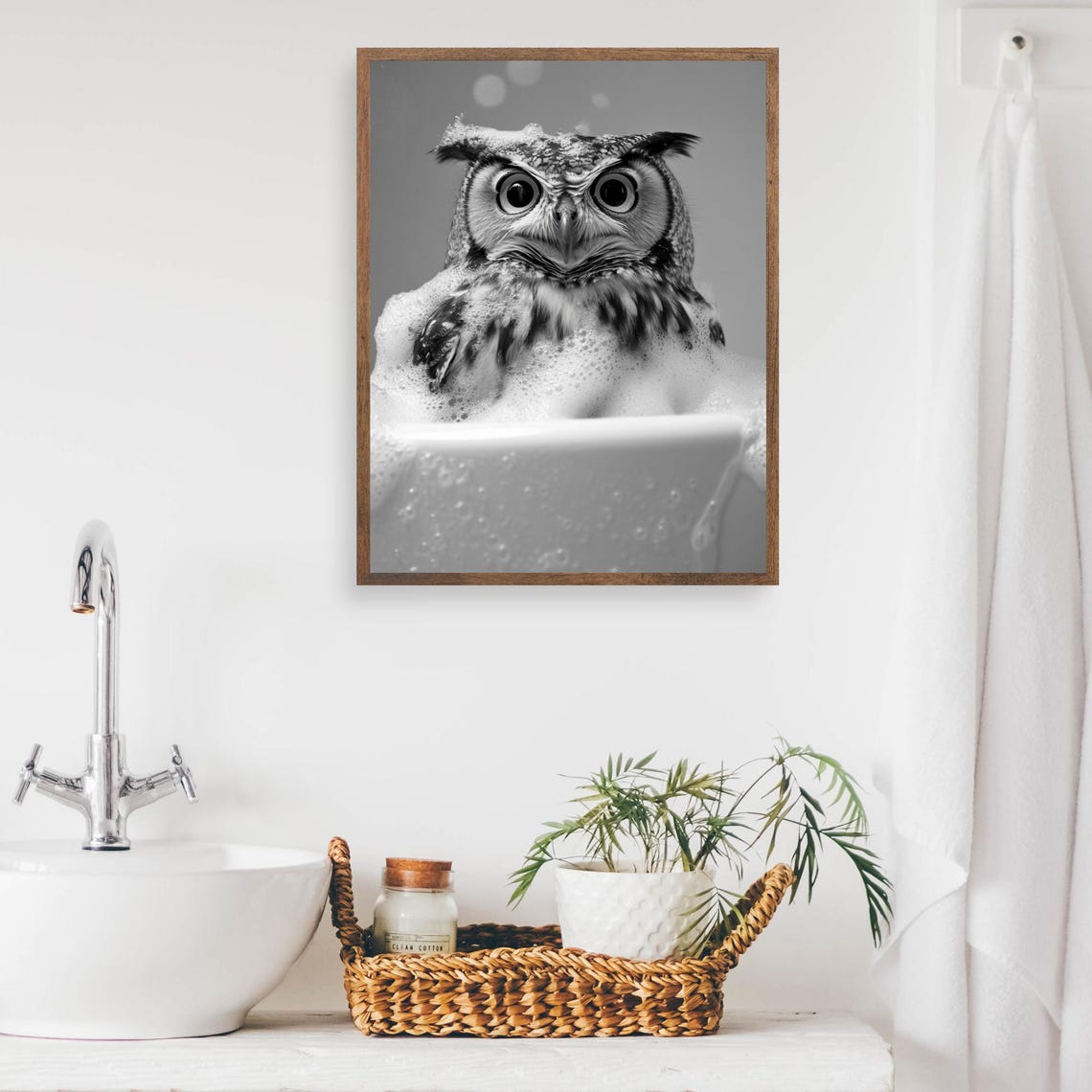 Owl Bubble Bath Funny Black And White Bathroom Animal Poster - Image 2