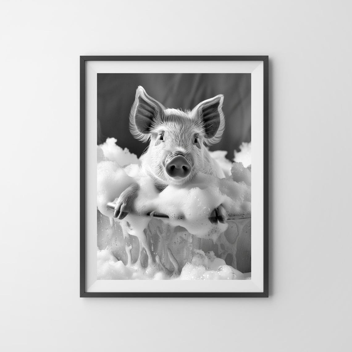 Pig Taking a Bubble Bath in Black and White Cute Animal Poster - Image 3