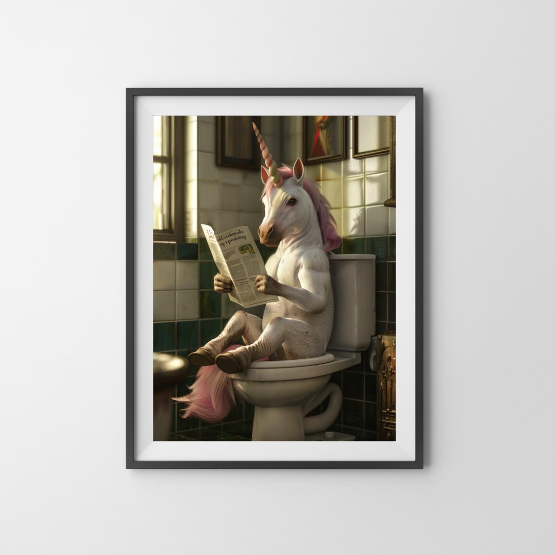 Unicorn Reading Newspaper On The Toilet Funny Bathroom Humor Poster - Image 3