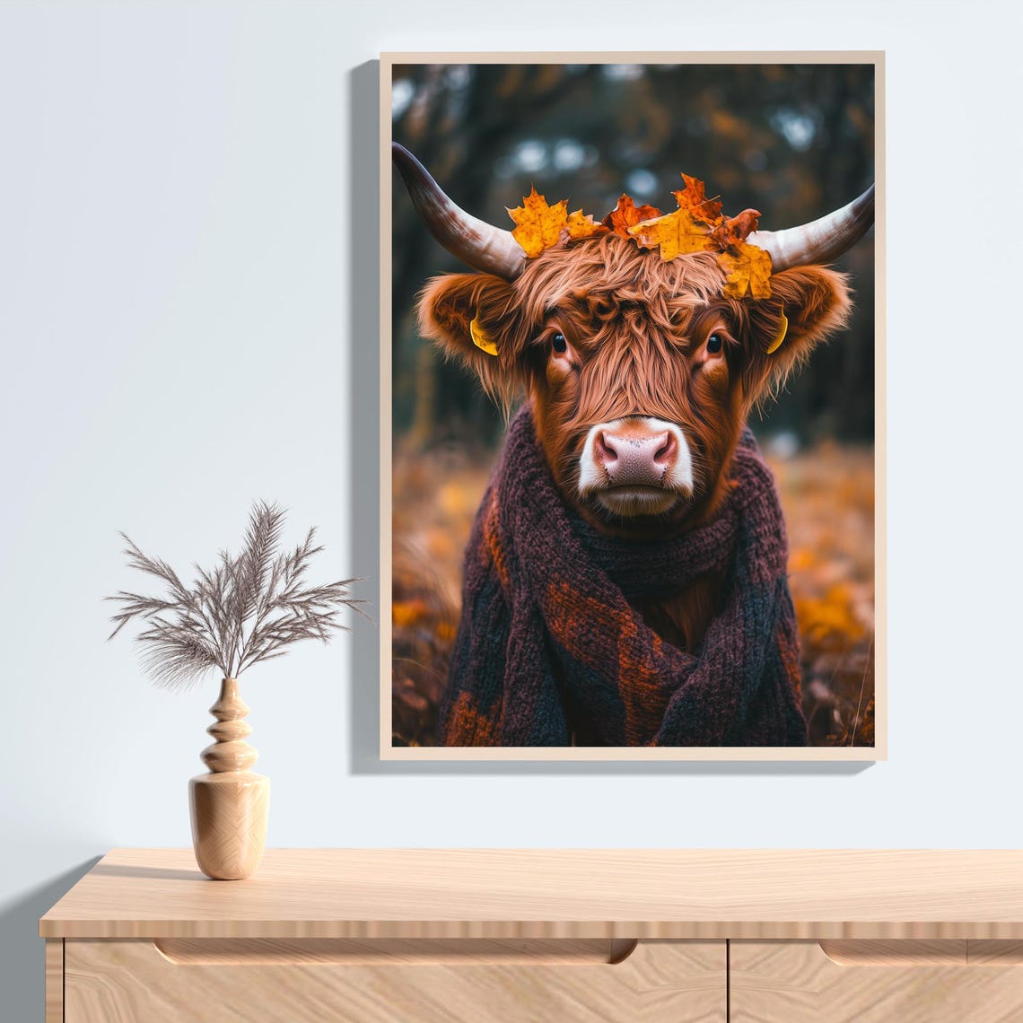Highland Cow with Autumn Leaves and a Fall Knit Scarf Poster - Image 2