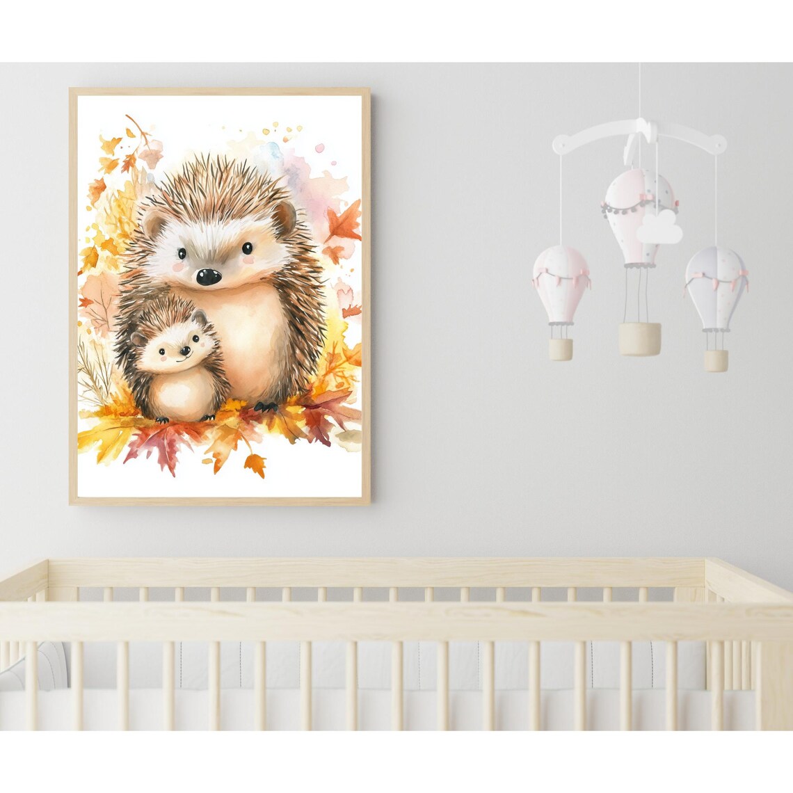 Mama and Baby Hedgehog Among Autumn Leaves Watercolor Nursery Poster - Image 2