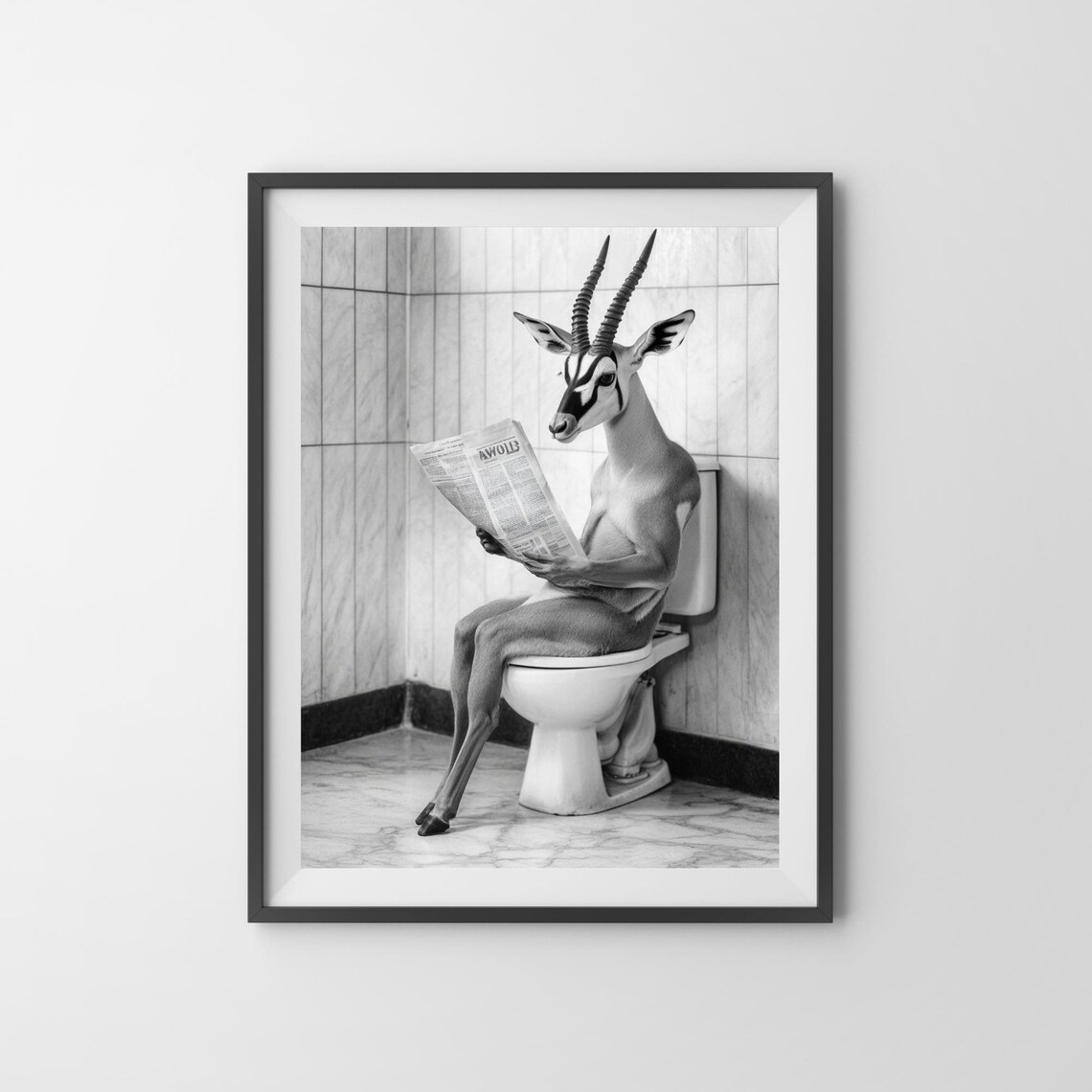 Gazelle Reading a Newspaper on the Toilet in Black and White Poster - Image 3