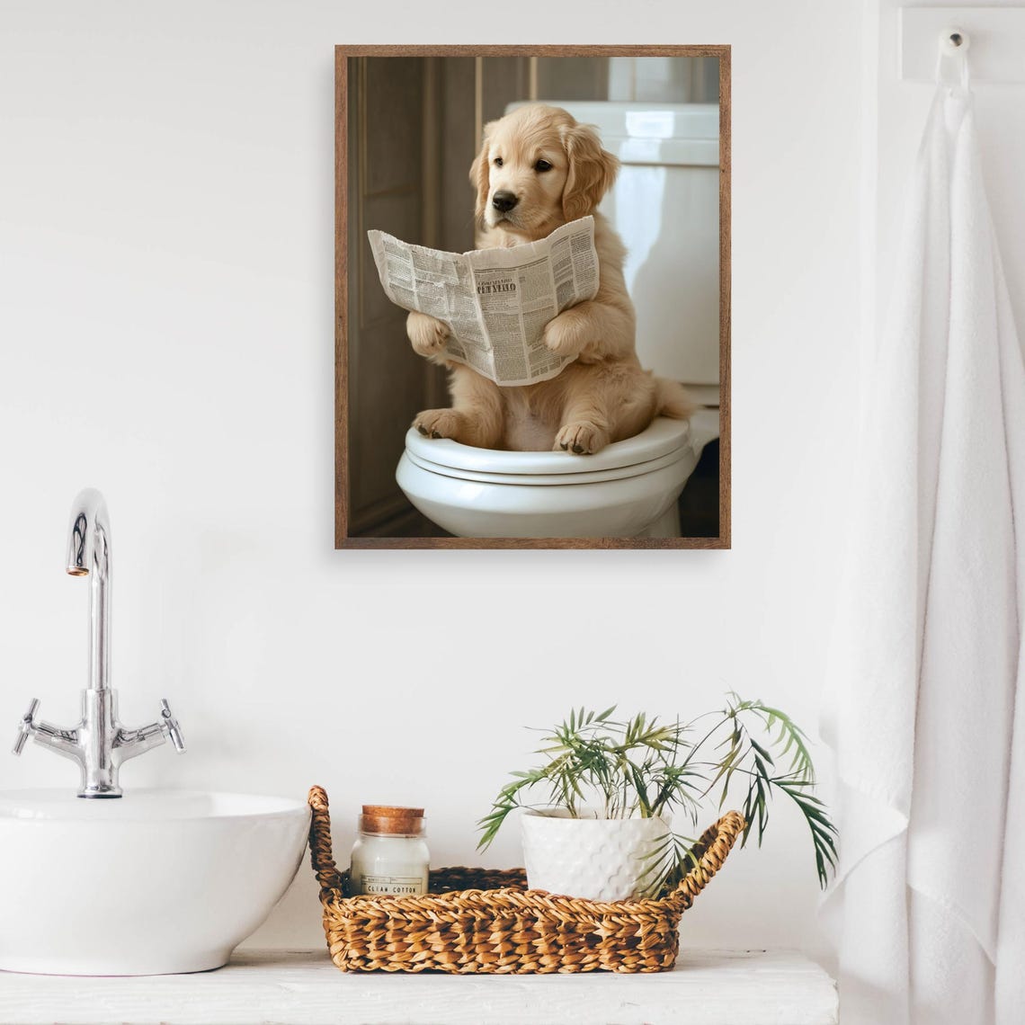 Funny Golden Retriever Puppy on Toilet Reading Newspaper Poster - Image 2