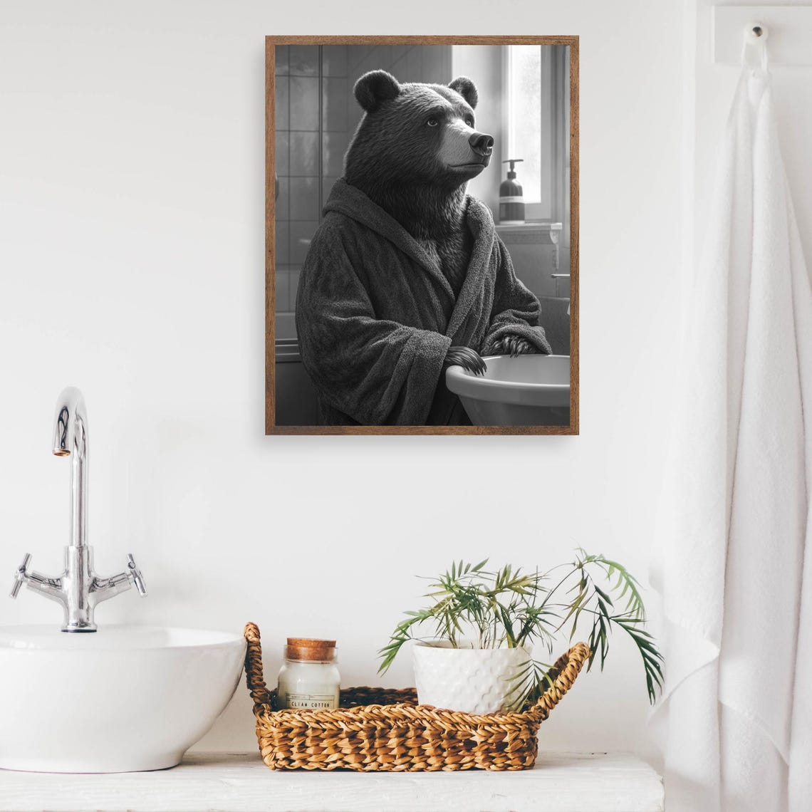 Bear in a Bathrobe at the Bathroom Sink Black and White Poster - Image 2