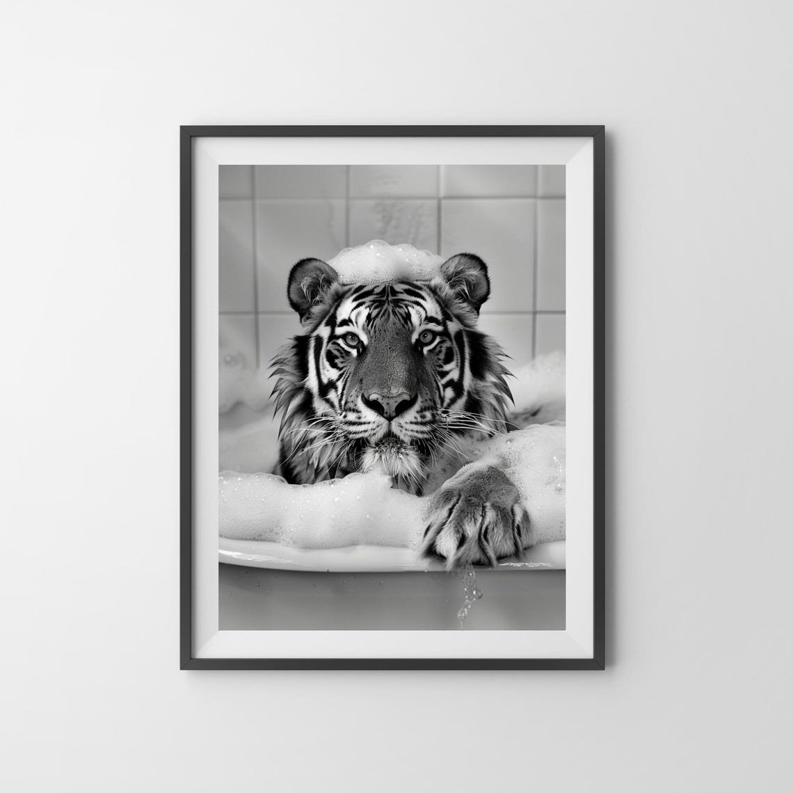 Tiger Bubble Bath Funny Black And White Wild Animal Bathroom Poster - Image 3