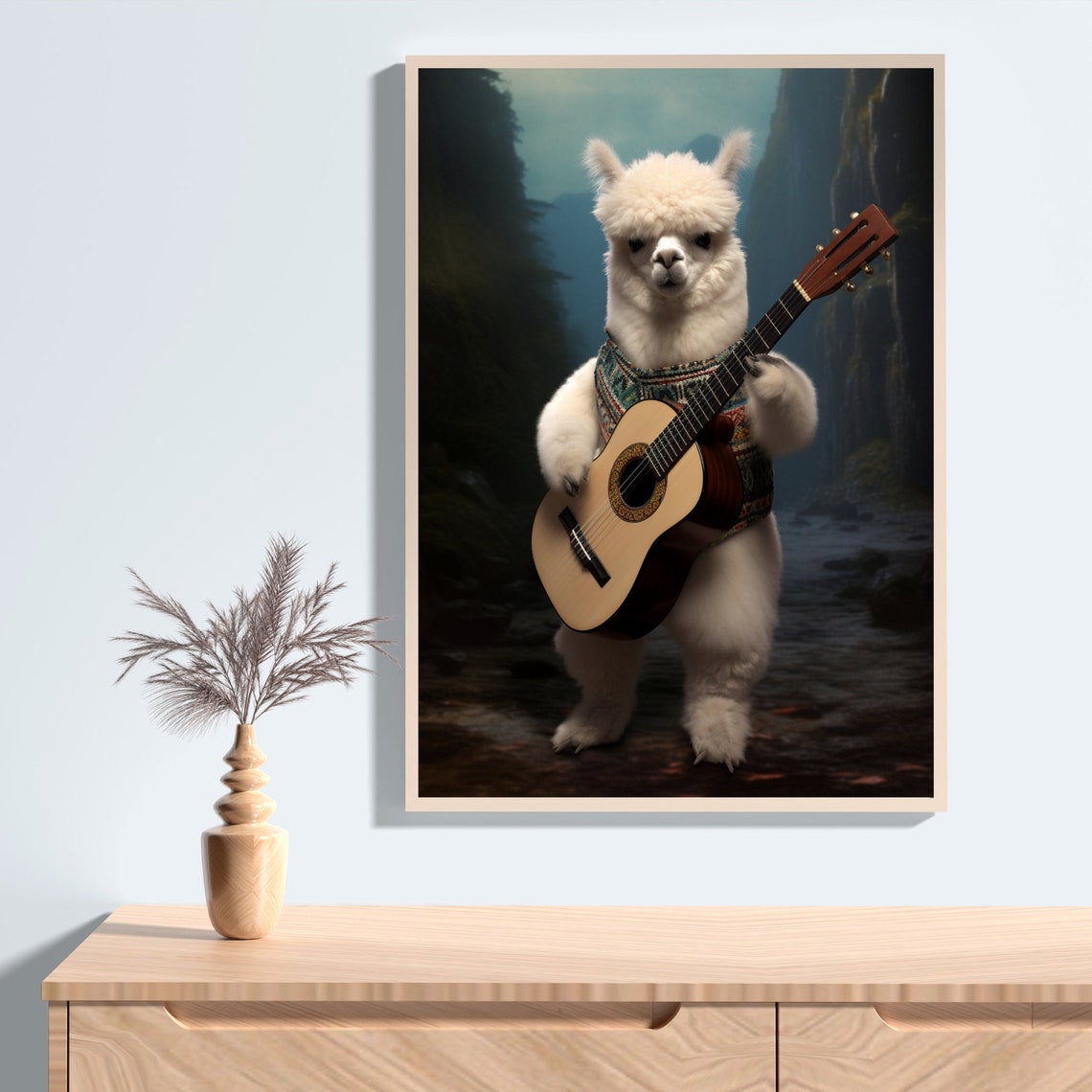 White Alpaca Playing Guitar in a Mountain Canyon Funny Poster - Image 2