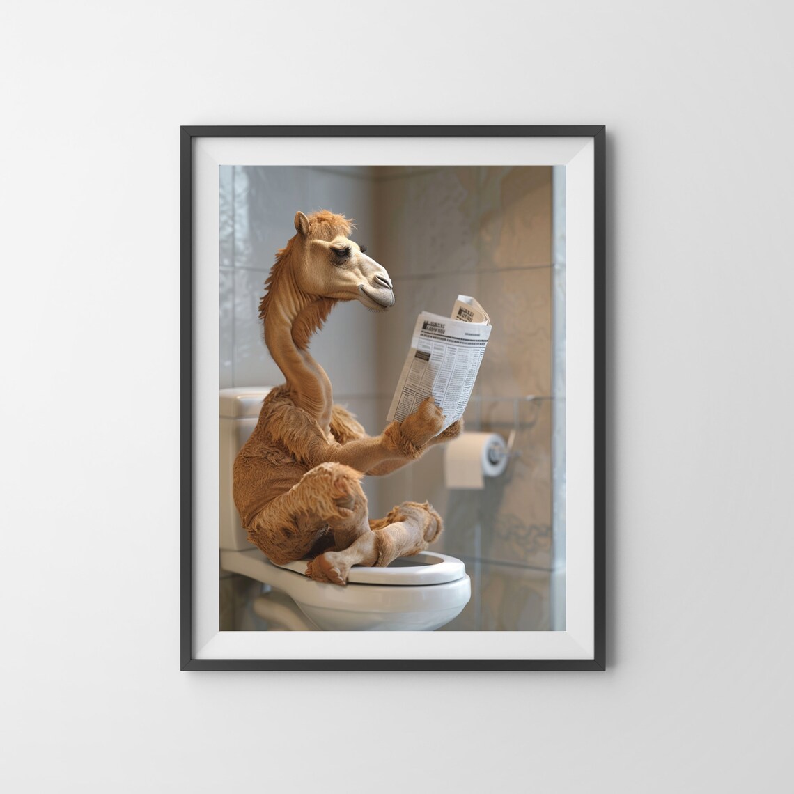 Camel Reading Newspaper On The Toilet Funny Bathroom Humor Poster - Image 3