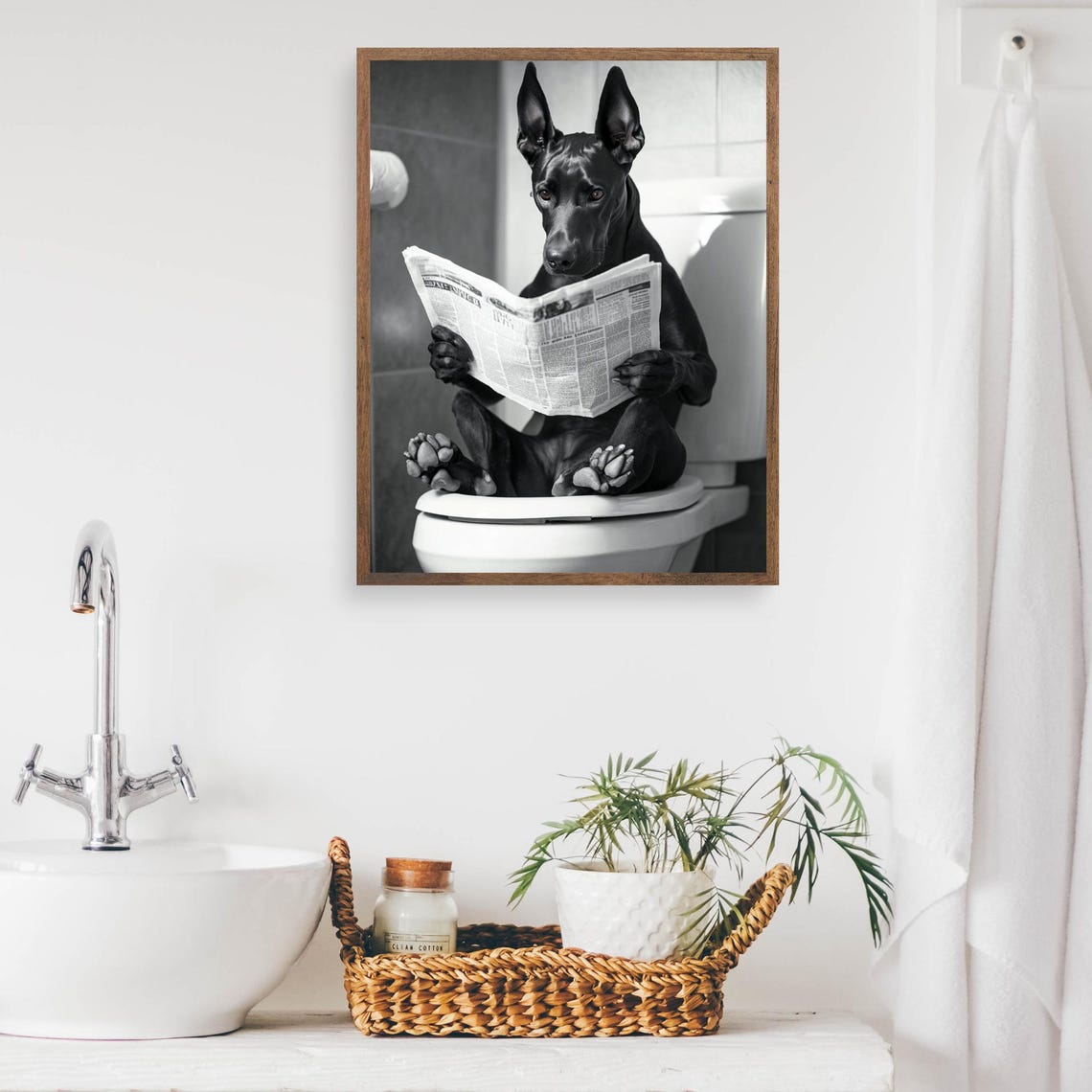 Doberman on the Toilet Reading Newspaper Funny Bathroom Poster - Image 2