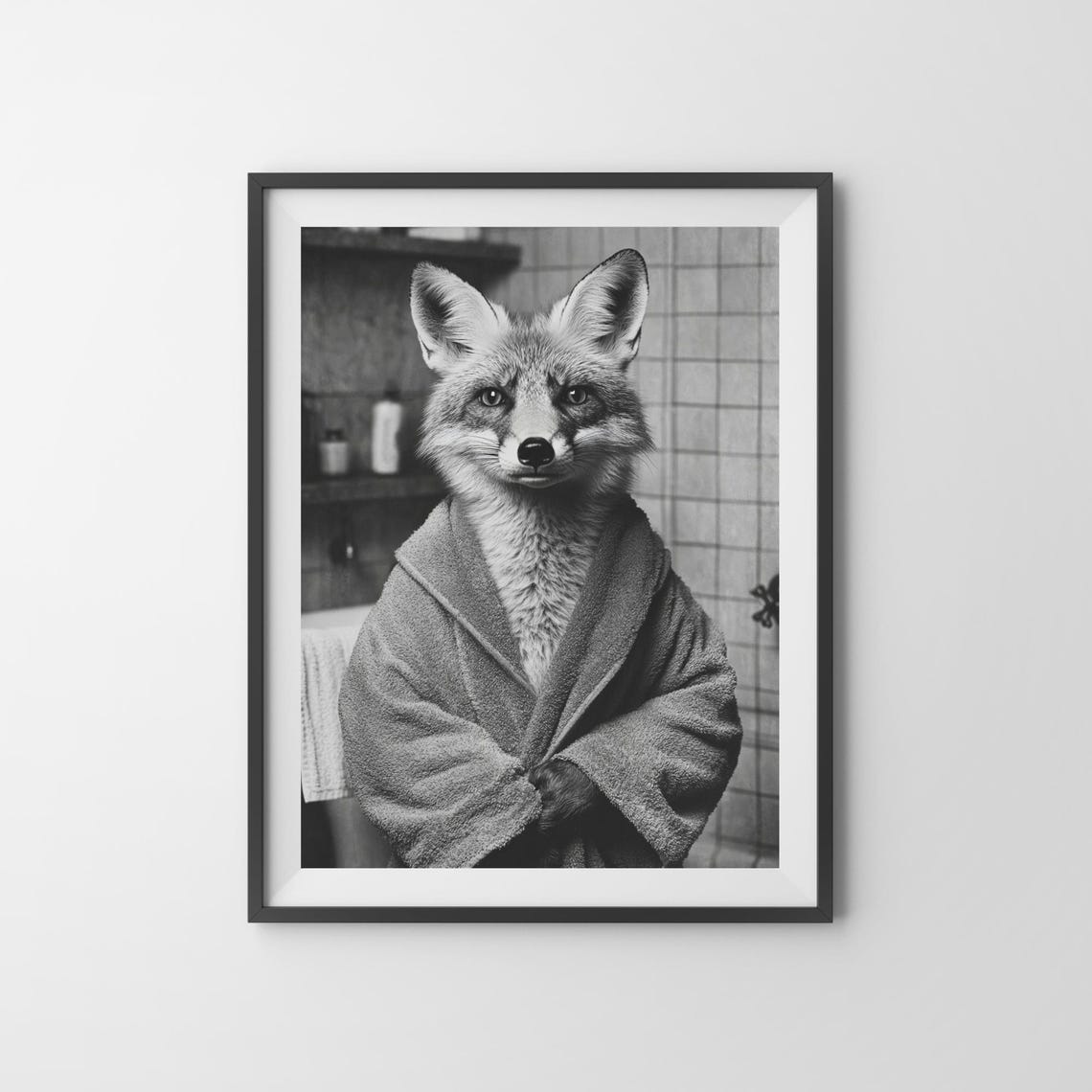 Quirky Fox In A Bathrobe Monochrome Funny Vintage Bathroom Poster - Image 3