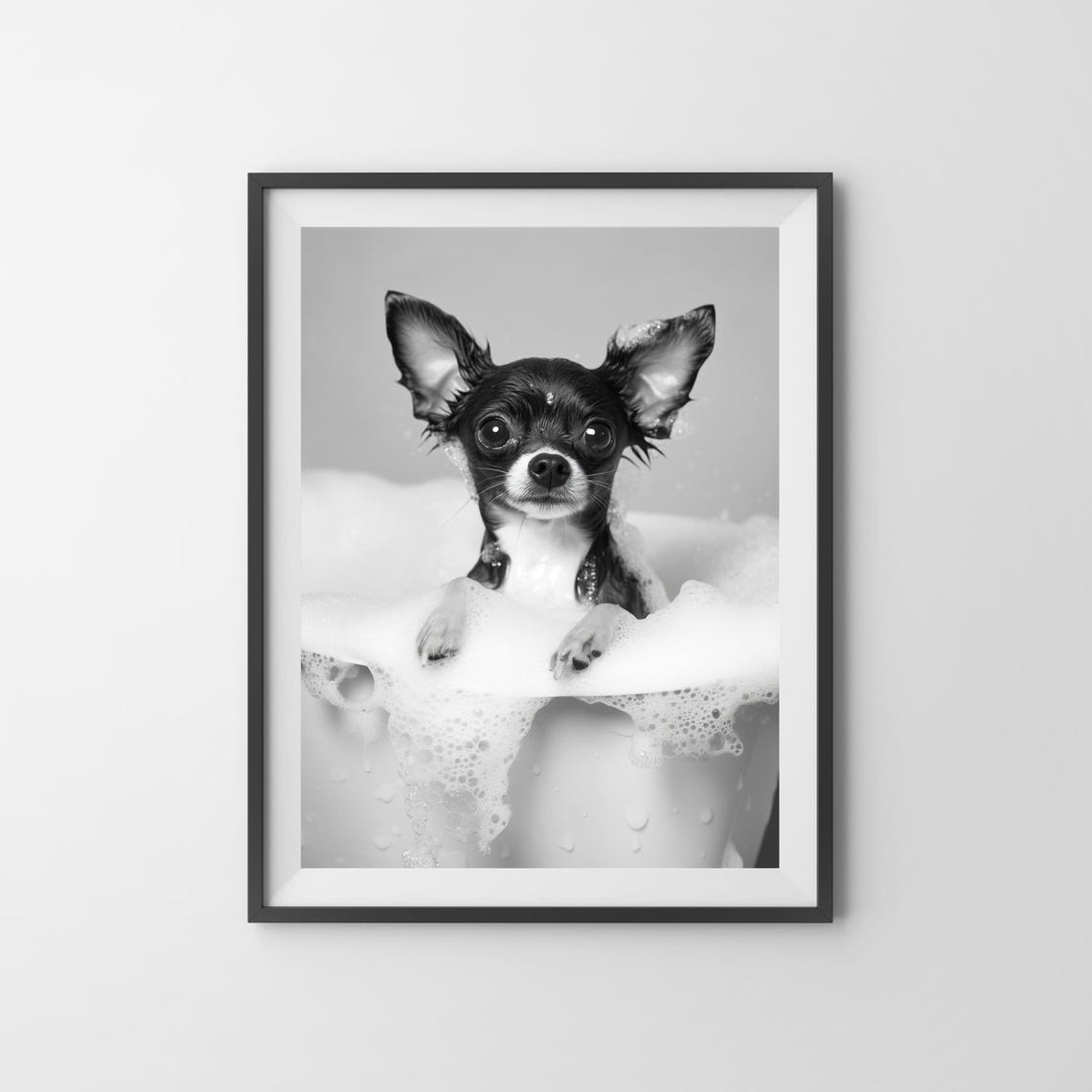 Cute Chihuahua Puppy in a Bubble Bath Black and White Poster - Image 3