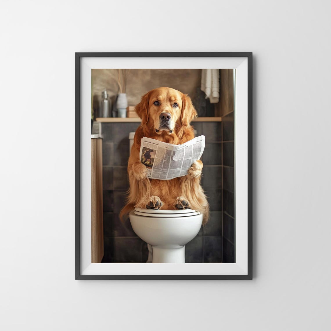 Golden Retriever on the Toilet Reading a Newspaper Dog Poster - Image 3