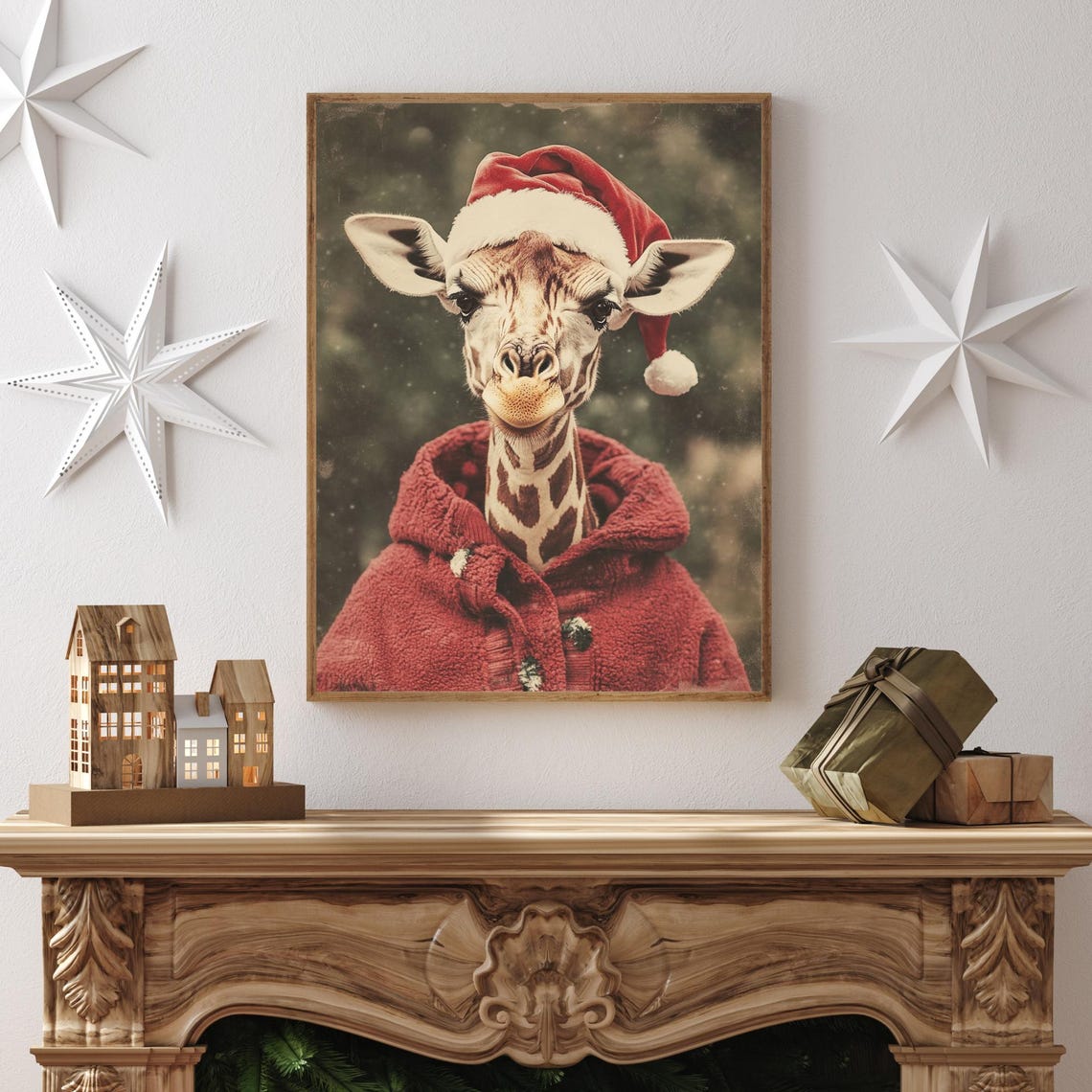Christmas Giraffe in Red Santa Coat Festive Winter Animal Poster - Image 2