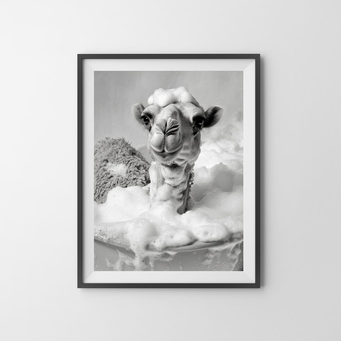 Camel Enjoying a Bubble Bath in Black and White Funny Poster - Image 3