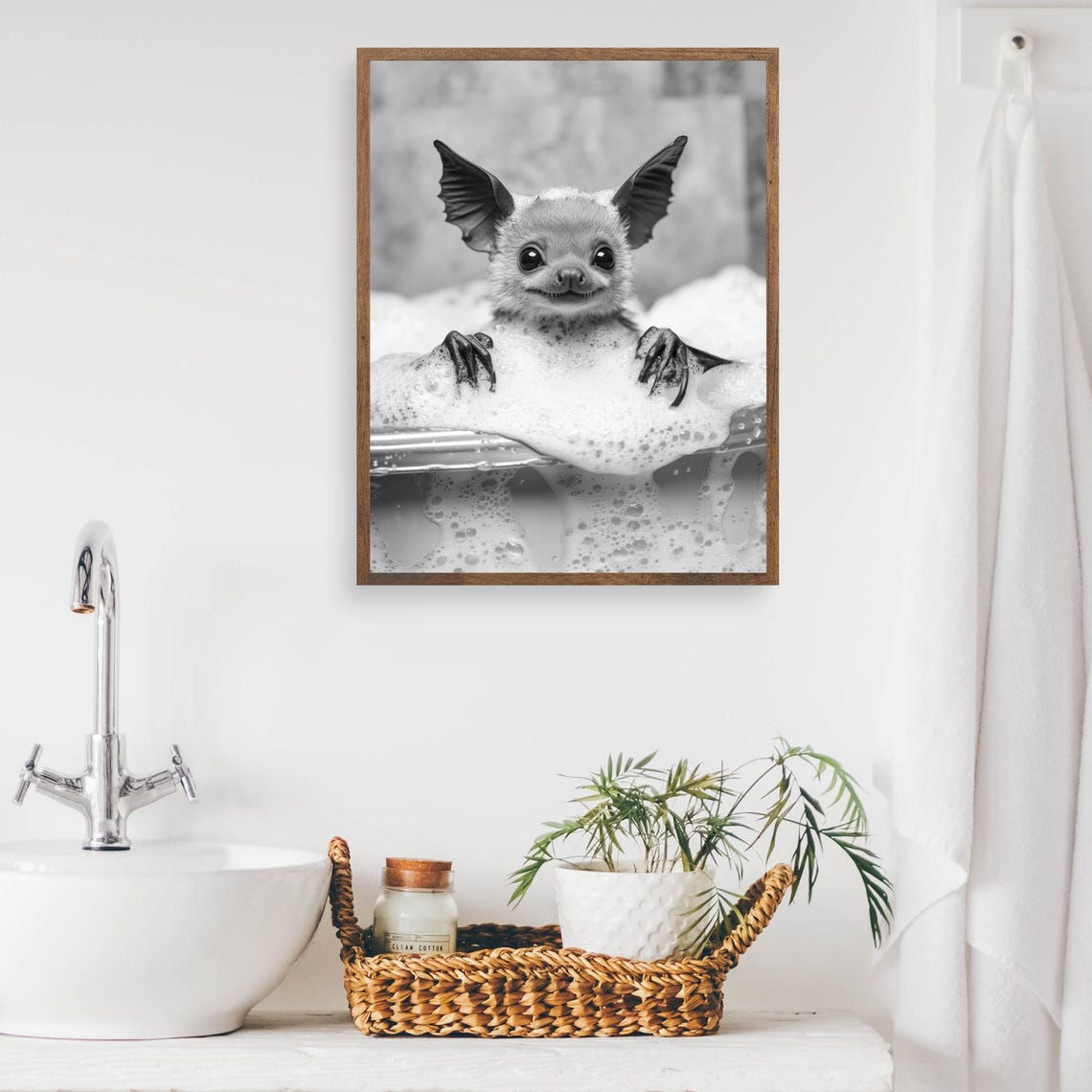 Cute Baby Bat Bubble Bath Funny Black And White Animal Poster - Image 2