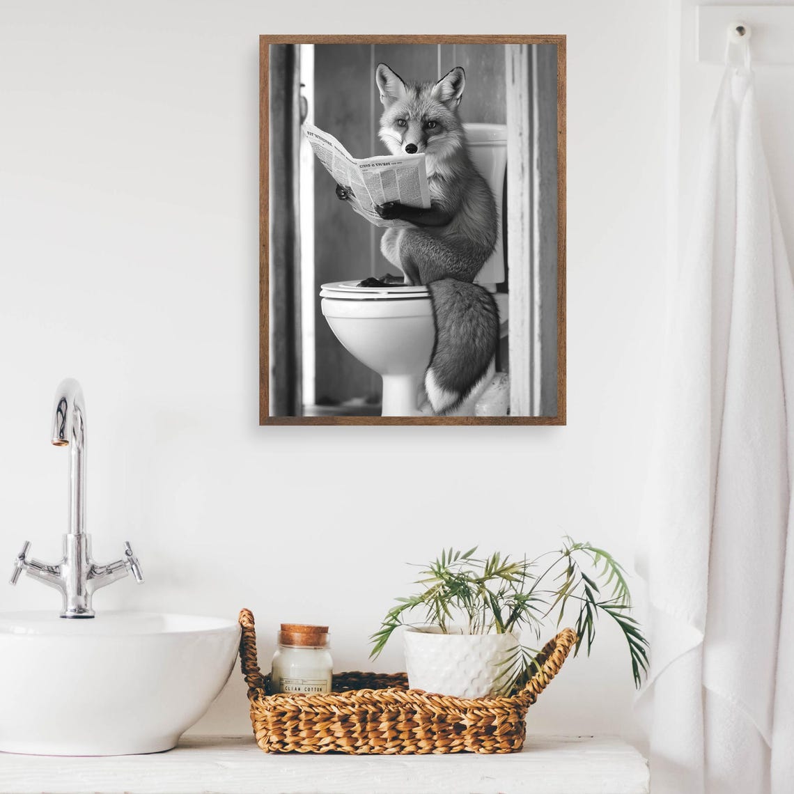 Fox Reading Newspaper On The Toilet Monochrome Bathroom Poster - Image 2