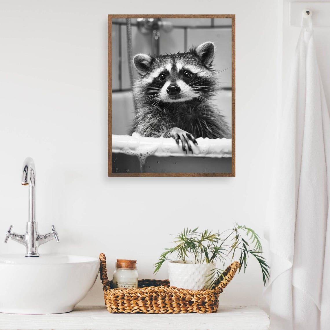 Quirky Raccoon Taking a Bubble Bath in Black and White Poster - Image 2